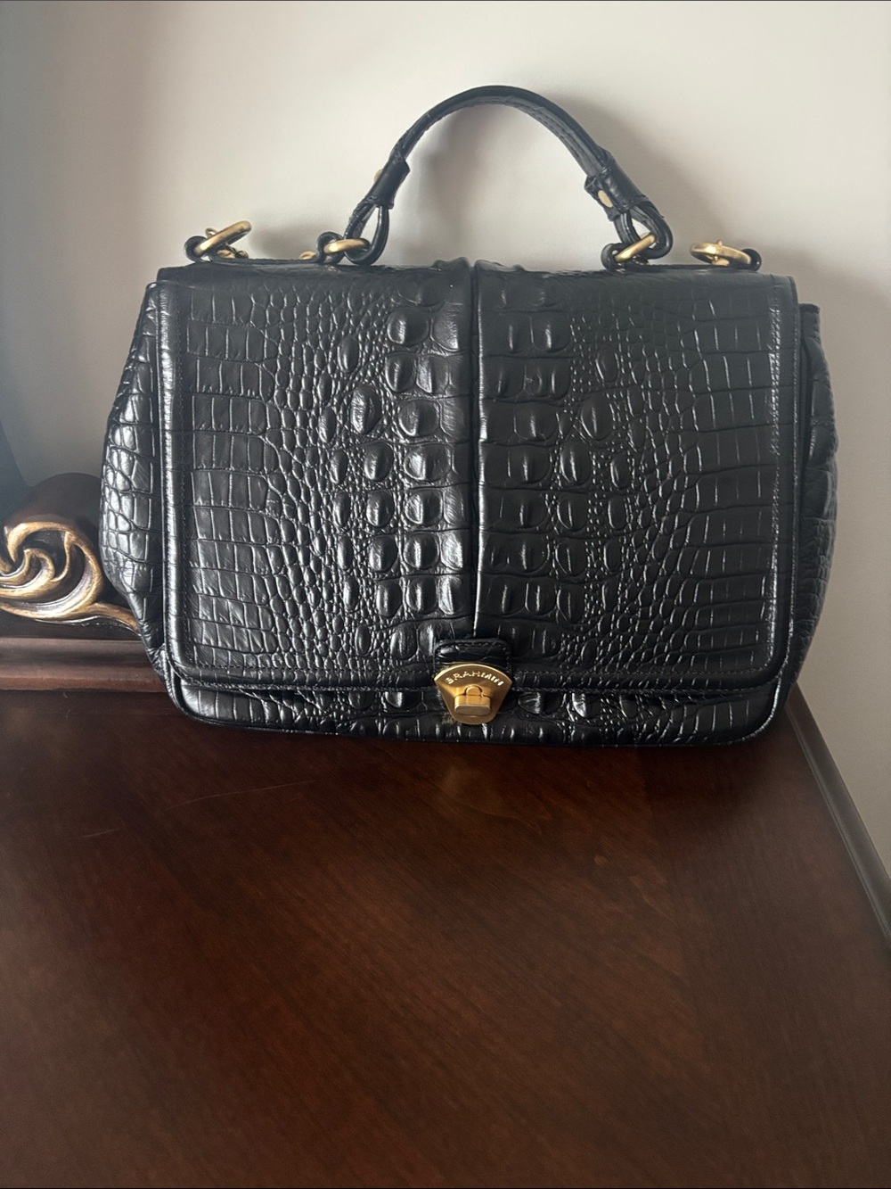 Brahmin Black Croc-Embossed Satchel with Gold Hardware